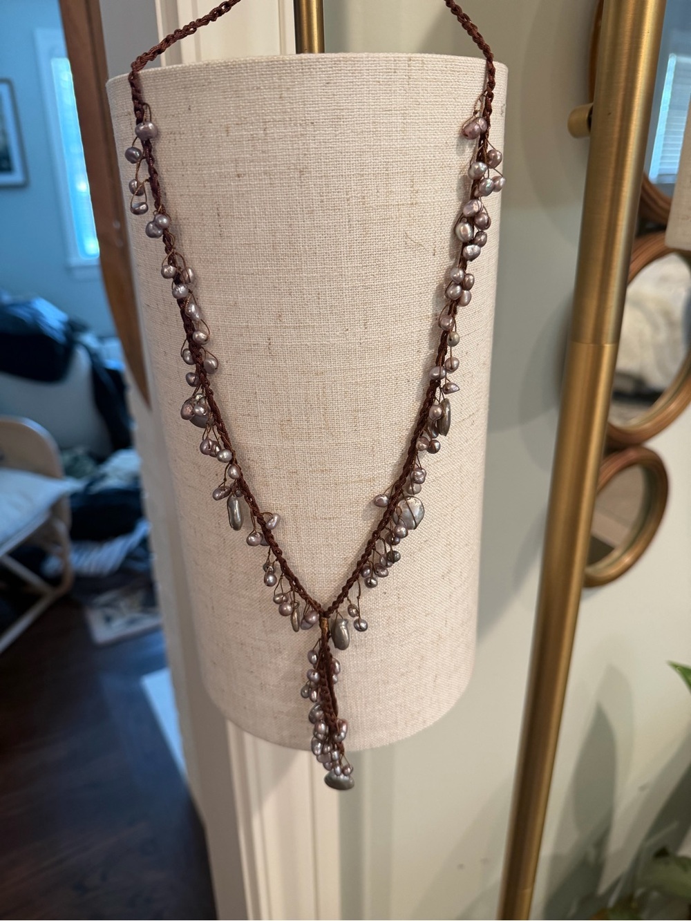 Peyote Bird Brown Cord Necklace with Pearl silver disc Drops NWT